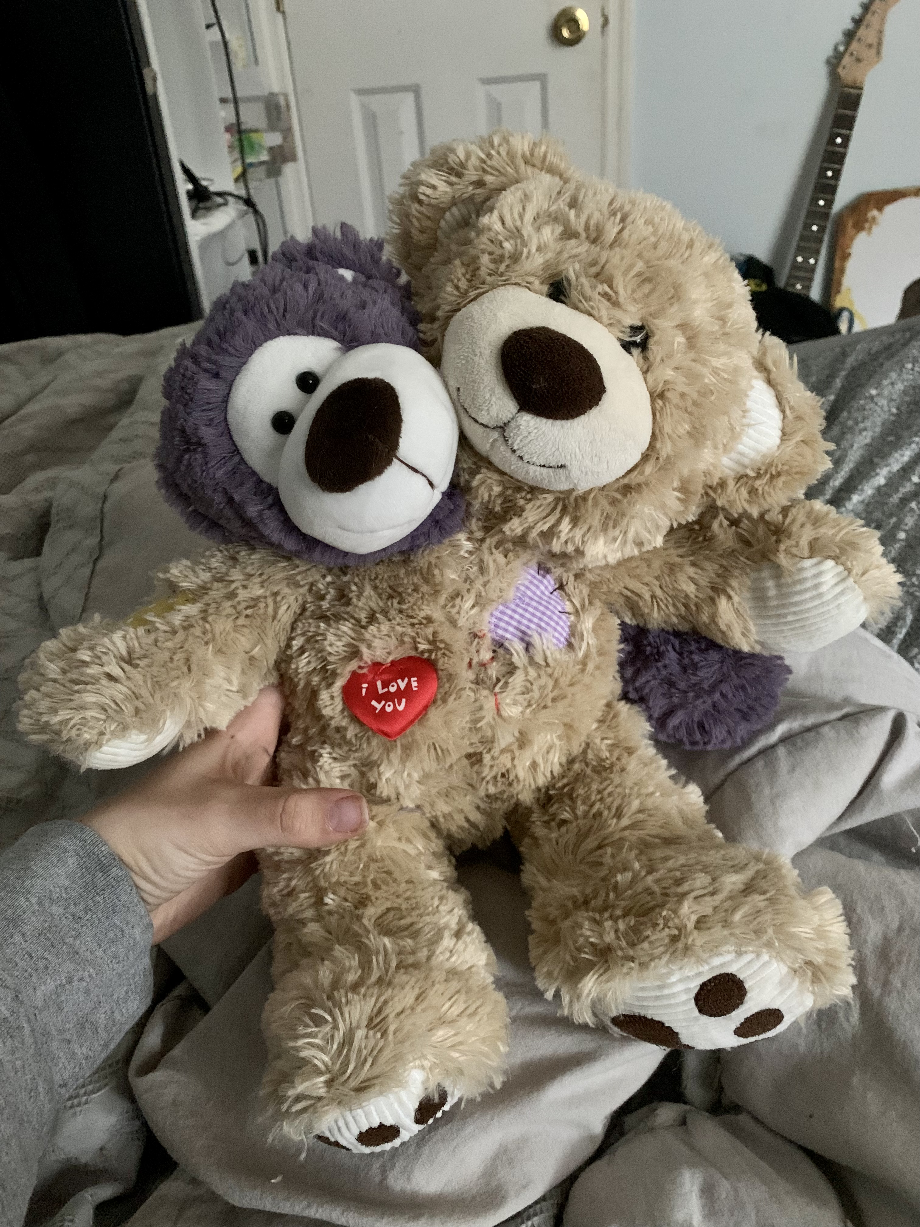 tan and purlpe teddy bear stitched together to make one bear. It has 2 heads and 3 arms, and it's name is Bungy.