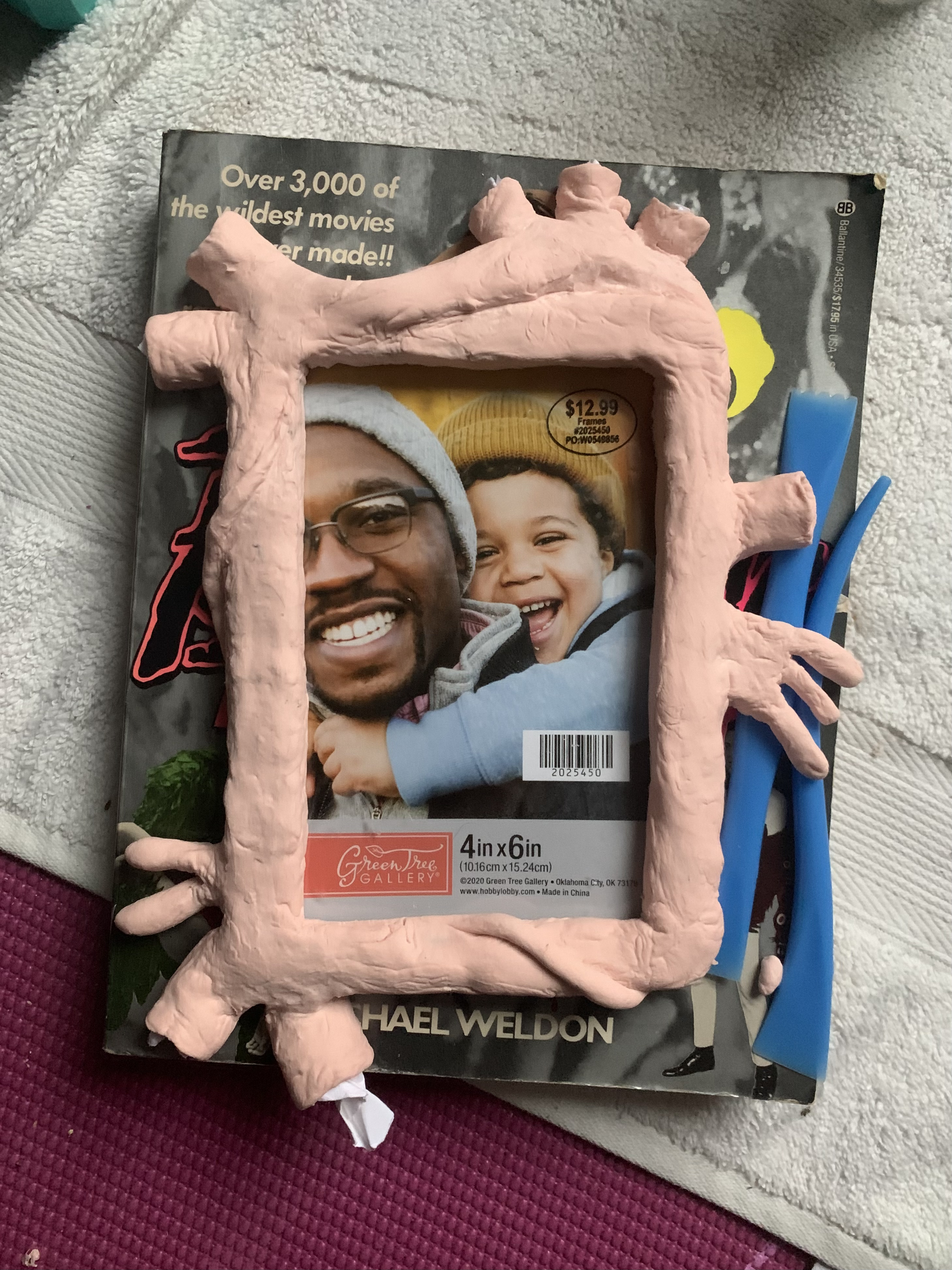 pink colored air-dry clay sculpture molded around a picture frame. It’s meant to resemble a human heart, with multiple tubes and organic shapes sculpted around the frame. 