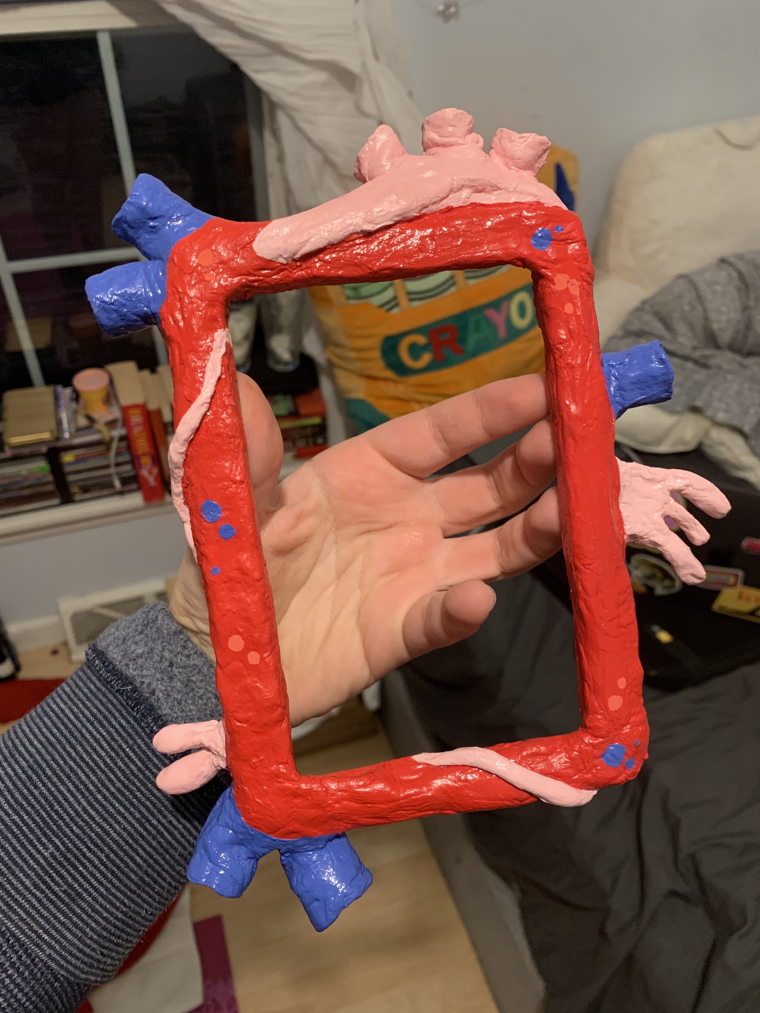 air-dry clay sculpture molded around a picture frame. It’s meant to resemble a human heart, with multiple tubes and organic shapes sculpted around the frame. This version is painted red, and the tubes/ organic shapes painted blue and pink. It’s also varnished, so it has an overall glossy look. 