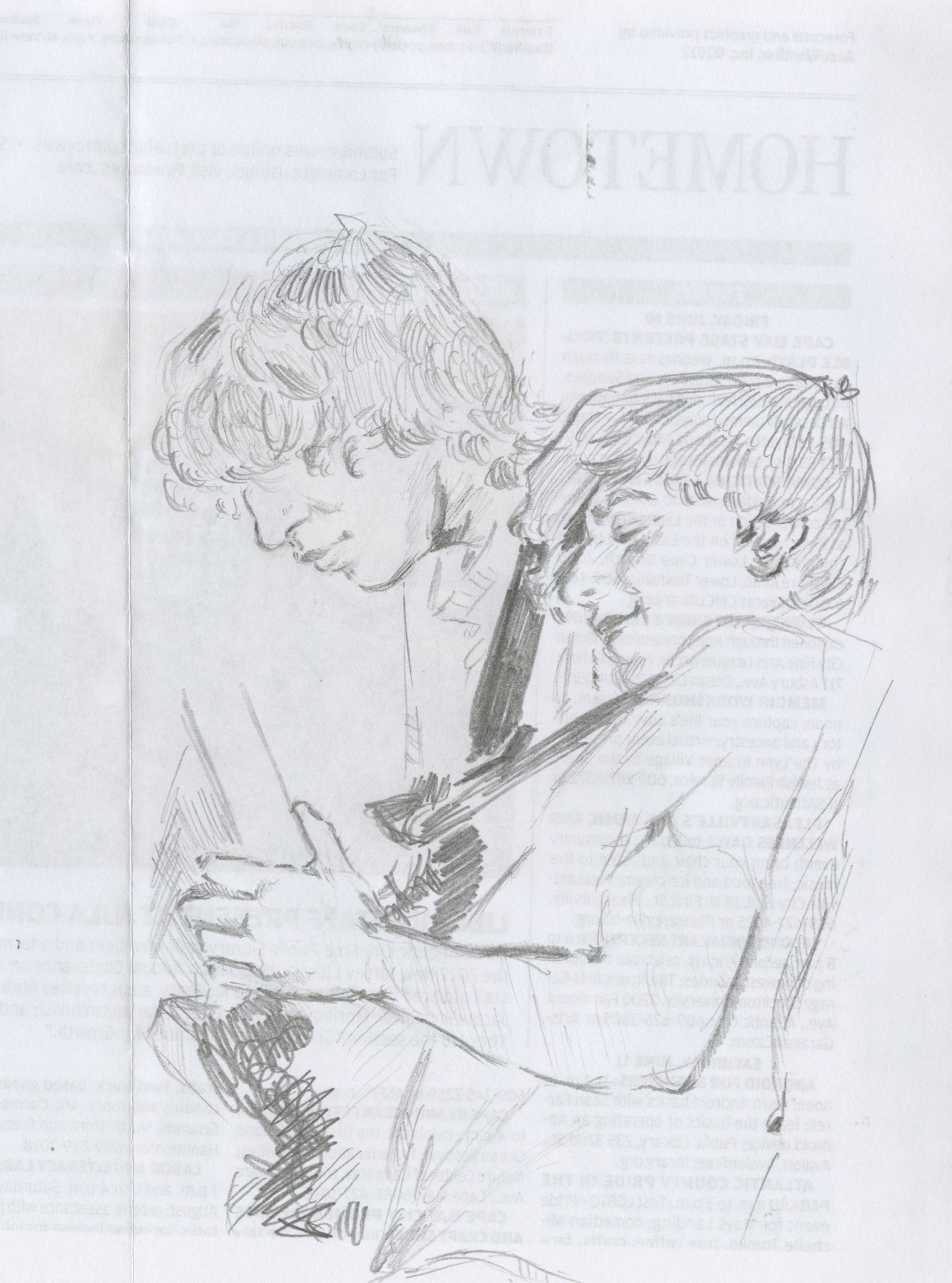 pencil sketch of dean and gene ween of the band ween, dean is in the background, both are playing guitar, printed text is visible behind the paper.